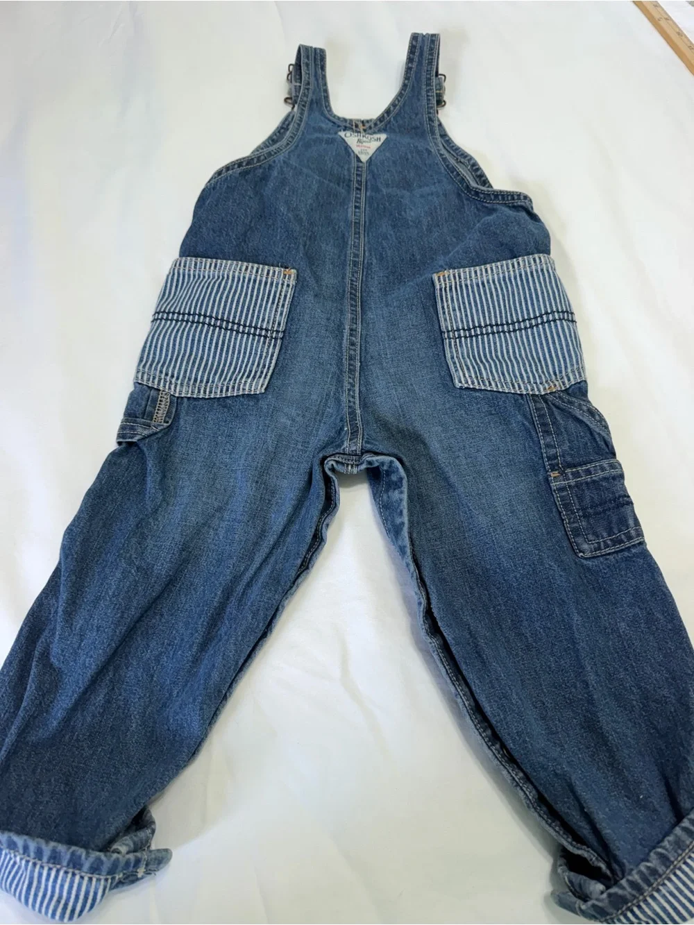 OshKosh B’gosh Toddler 24 Months Hickory Stripe Denim Overalls railroad